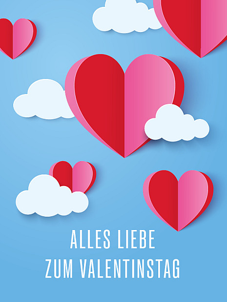 Illustration mit roten und pinken Papierherzen zwischen weißen Wolken vor blauem Himmel sowie dem Schriftzug „ALLES LIEBE ZUM VALENTINSTAG“.